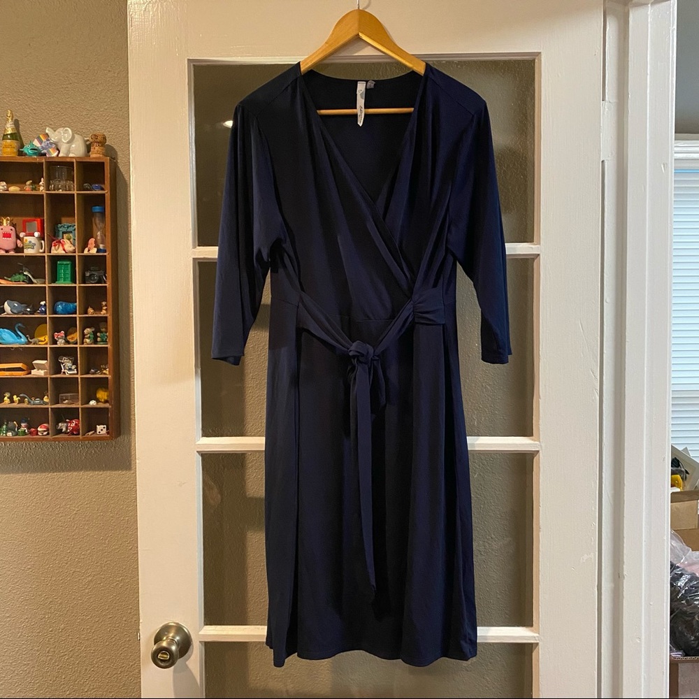 Navy Wrap Dress with 3/4 Sleeves and belted waist